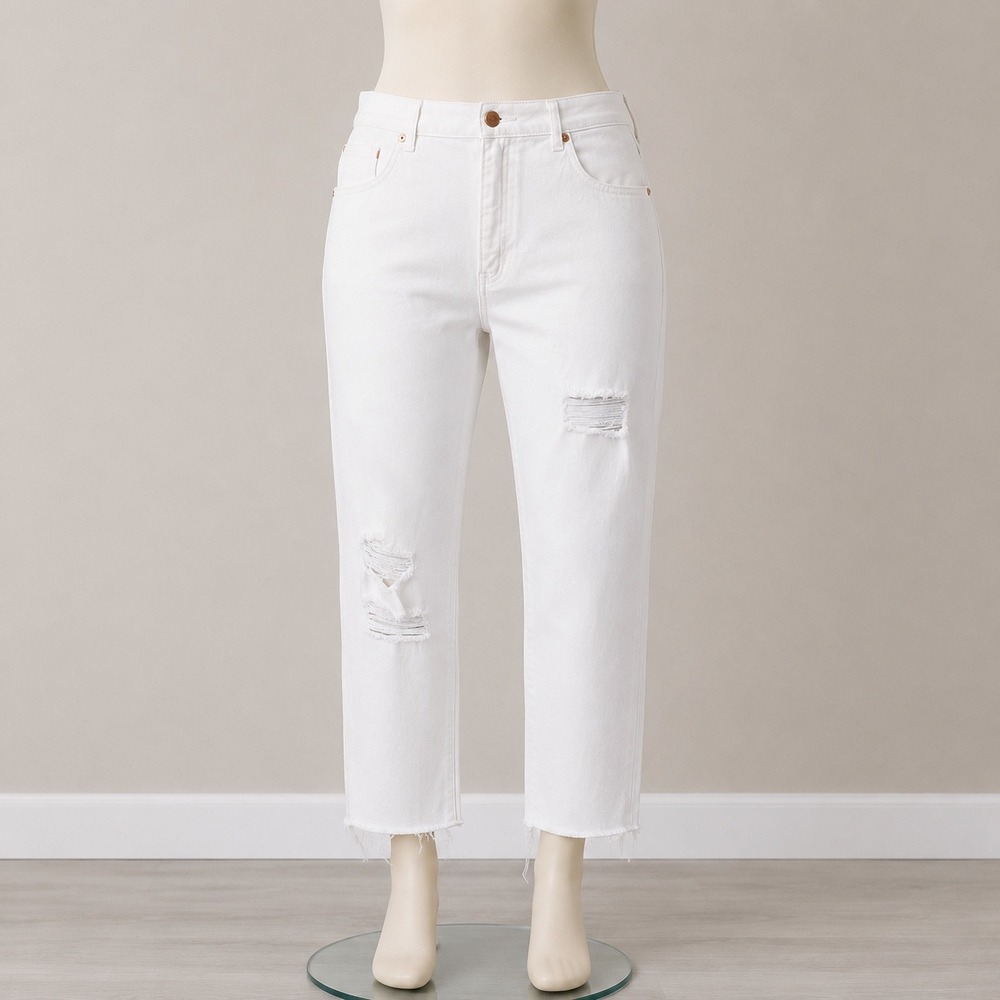 White Distressed High Rise Straight Ankle Jeans Raw Hem 16 Short Boho